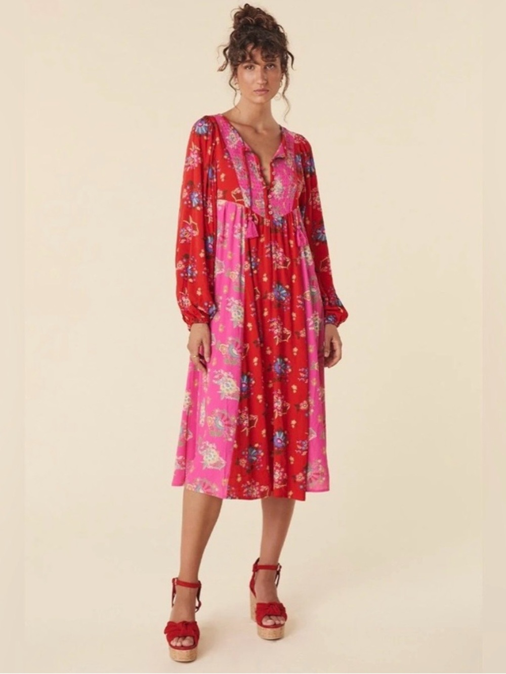 Spell Red & Pink Floral Midi Dress | Size Small